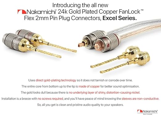Nakamichi FanLock Excel Series 24k Gold Plated 2mm Flex Pin Banana Plugs 10 AWG - 18 AWG Gauge Size for Spring Clip Terminal Speakers Amplifier Hi-Fi Wire Cable Quick Connector, 12 Pcs (6-Pairs)