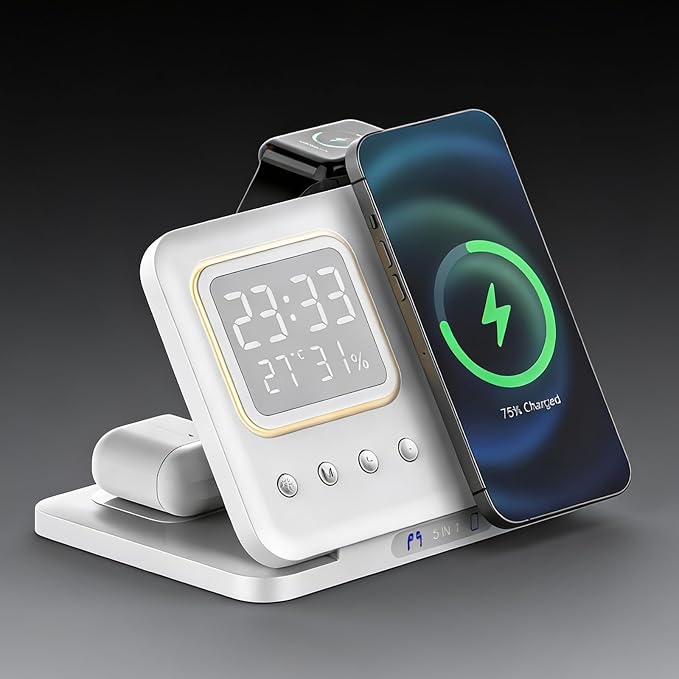 5-in-1 Wireless Charger Station,15W Fast Charging Wireless Charging Stand with Clock,Temperature&Humidity Display,Foldable Travel Charging Dock for Smartphones,Watches&Earbuds,D15 White.
