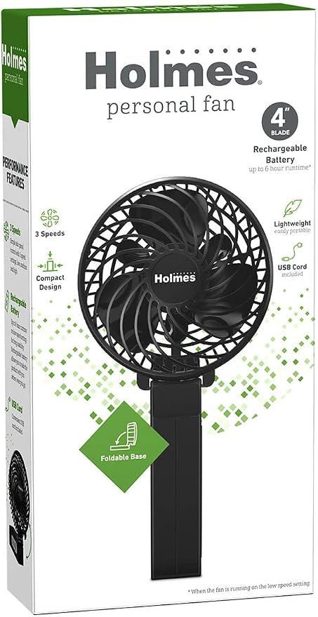 HOLMES 4" Portable, Handheld, Personal or Desk Fan, 3 Speeds, Rechargeable battery, USB-C Charging Cable, 180° Adjustable Head, Lightweight, Compact, Ideal for On-The-Go Use or Home and Office, Black