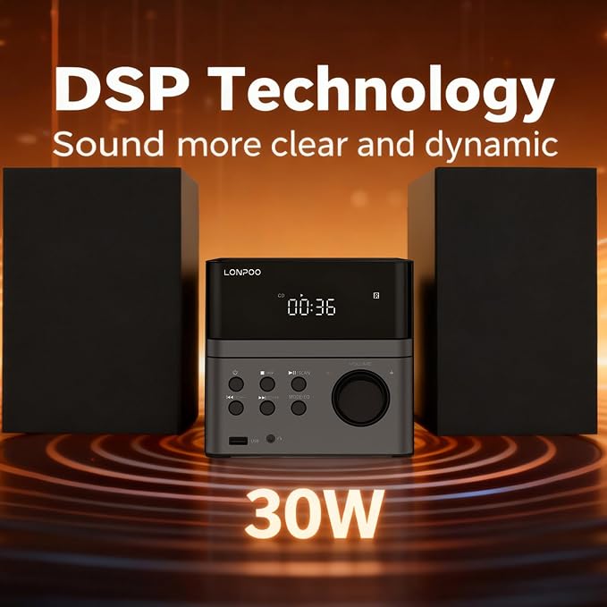 Home CD Stereo Shelf System, 30W Micro HiFi System (with CD Player, FM Radio, Bluetooth 5.3, USB Playback, AUX-in, Headphone Jack, Remote Control, DSP-Tech