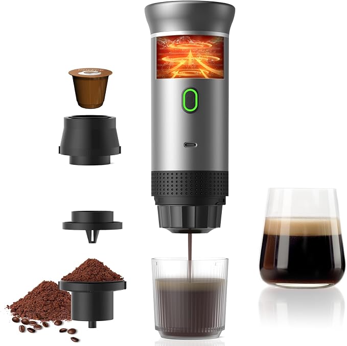 Portable coffee Maker, Electric Espresso Machine for Travel, 7500mAh Battery Capacity USB-C Rechargeable, Compatible with Ground Coffee & NS Capsules