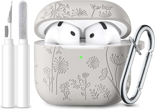 Lerobo for Airpods 4 Case Cover, Cute Flower Engraved Silicone Case, Full Protective Shockproof Anti-dust Case Cover with Cleaner Kit & Keychain Compatible with Apple Airpods 4 Case 2024, Starlight