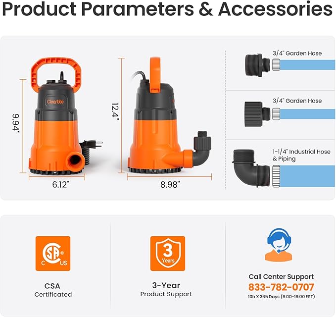 Cleartide Submersible Utility Water Pump, 1/2 HP 3060 GPH Sump Pump, Portable Plug and Work for Pond, Garden Watering, Pool or Hot Tub Water Transfer