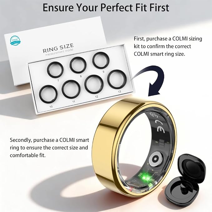 COLMI R02 Smart Ring, Smart Ring for Women and Men, No Subscription Fee, with a Charging Case, Supports Heart Rate, Blood Oxygen, Sleep Health Monitoring. (Gold, 7#)