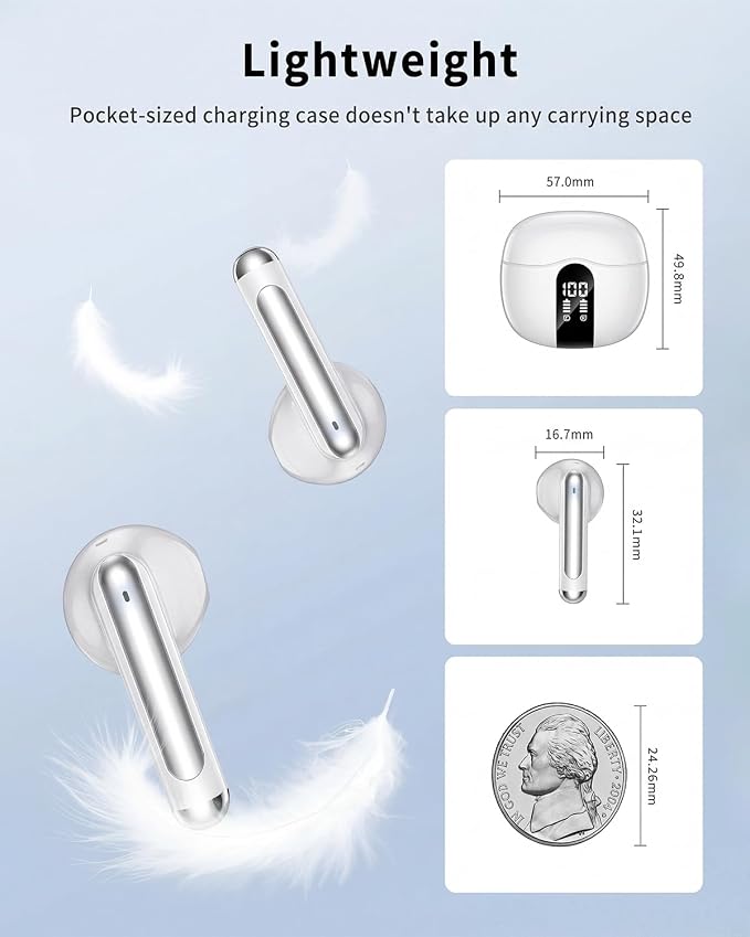 Wireless Earbuds, 2026 Bluetooth 5.4 Headphones Bass Stereo Ear Buds with Noise Cancelling Mic, LED Display in Ear Earphones 50H Playtime Ear Buds, IP7 Waterproof for Laptop Pad Phones Pure White