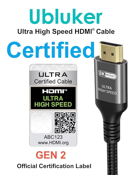 Ubluker 10K 8K 4K HDMI Cable 48Gbps 13 FT, Certified Ultra High Speed HDMI® Cable 4K 240Hz 144Hz 120Hz 8K60Hz 0.01ms HDR10+ eARC HDCP2.3 Netflix Roku TV PC Monitor Projector PS5 Xbox