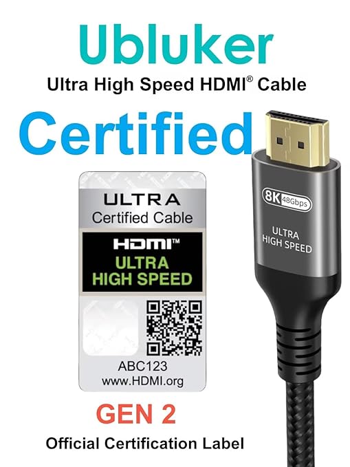 Ubluker 10K 8K 4K HDMI Cable 48Gbps 10 FT, Certified Ultra High Speed HDMI® Cable 4K 240Hz 144Hz 120Hz 8K60Hz 0.01ms HDR10+ eARC HDCP2.3 Netflix Roku TV PC Monitor Projector PS5 Xbox