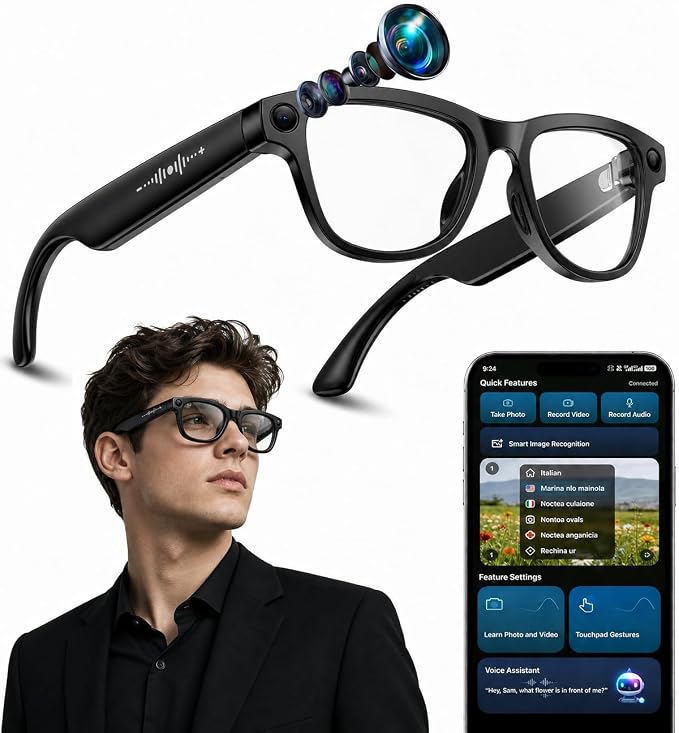 AI Smart Glasses with 8MP 4K Camera Glasses, 2026 1200P Video Recording Glasses for Women & Men, 139 Languages Real-Time Translation, Voice Assistant, Open-Ear Audio for Travel, Meetings & Vlogging
