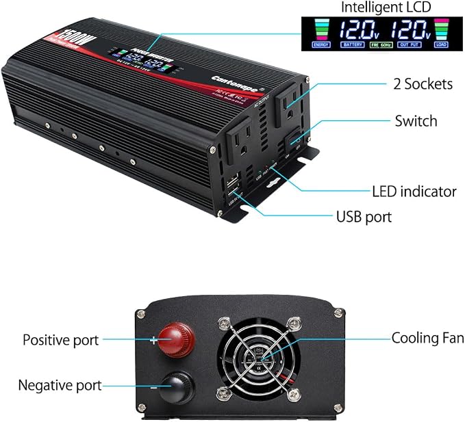Cantonape 1500W Power Inverter 12V to 110V/120V Car Charger Converter with LCD Display, 3.1A Dual USB Ports 2 AC Outlets Car Adapter for RV, Truck, Solar, Off-Grid, Vehicle Black