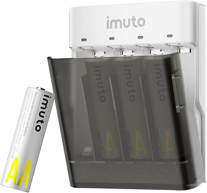 imuto 4 AA Battery Powered Emergency Charger, Supports Alkaline NiMH Lithium AA Batteries, USB-C Input Output, Built-in Flashlight, Includes 4 Pack 3600mWh Rechargeable Lithium AA Batteries