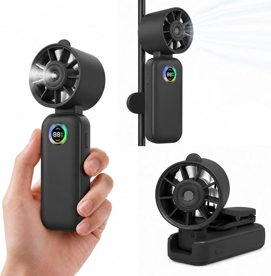 Clip-On Portable Fan with Misting, 4000mAh Up to 12H Battery Life Hand Mini Foldable Fan, 360° Rotating USB Rechargeable Turbo Quiet Stroller Fans for Travel Outdoors and Office Use (Black)