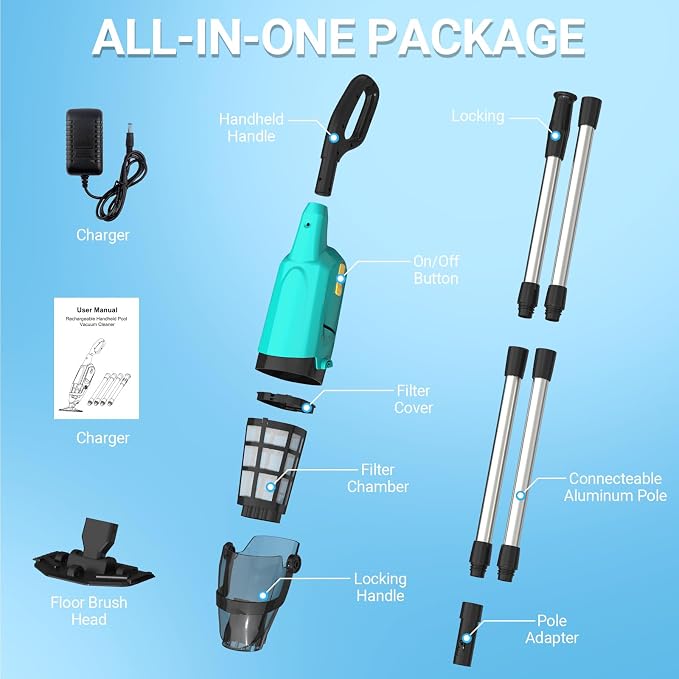 Pool Vacuum for Above Ground Pool, 18GPM Powerful Suction/87” Extension Pole/60Mins Runtime, Spot Fast Cleaning Cordless Handheld Pool Vacuum Cleaner for Spas Inground Above Ground Pool Vacuums