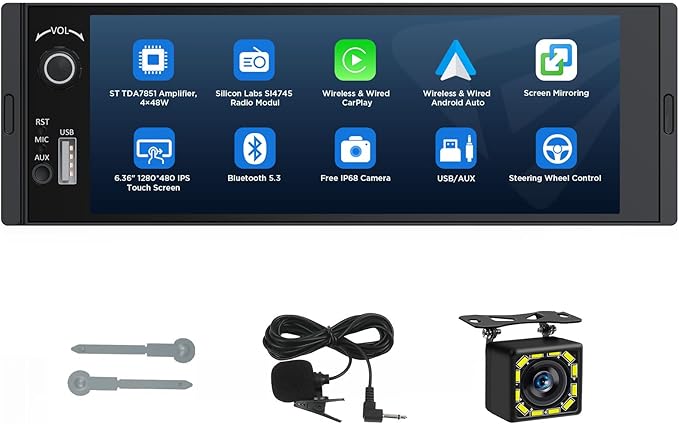 Eonon 6.36" Single DIN Car Stereo – Wireless CarPlay & Android Auto, IPS Touchscreen (1280x480), ST TDA7851 Amp, Backup Camera, Steering Control,Bluetooth 5.3-X3U