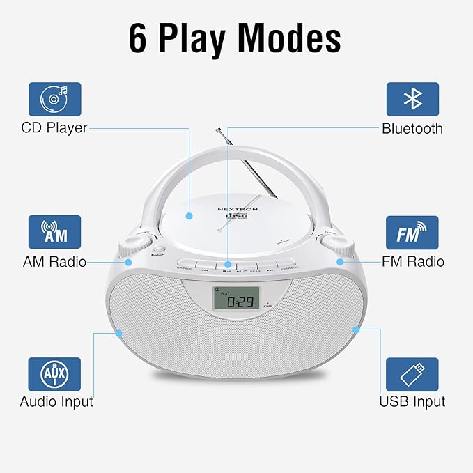 Nextron Portable CD Player Bluetooth Boombox with AM/FM Radio, USB, AUX-in, Headphone Jack, CD-R/RW & MP3-CD Compatible, Stereo Sound with Bass Boost, AC/Battery Operated – White