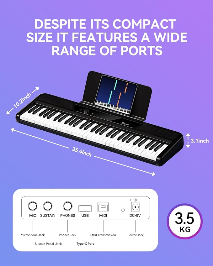 Rhymo 61-Key Velocity-Sensitive Lighted Piano Keyboard, 10W Dual Speakers, Dynamic Touch Sensitive Keys, Bluetooth & App-Enabled for Beginner Adults Kids
