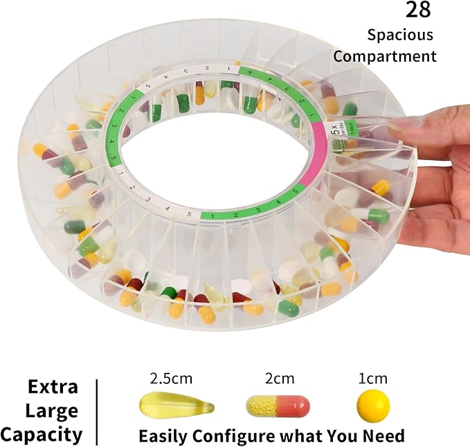 Automatic Pill Dispenser with Lock for Caregivers | 28-Day Medication Organizer for Seniors | 6 Daily Alarms & Flashing Light Reminder - No App or WiFi Needed
