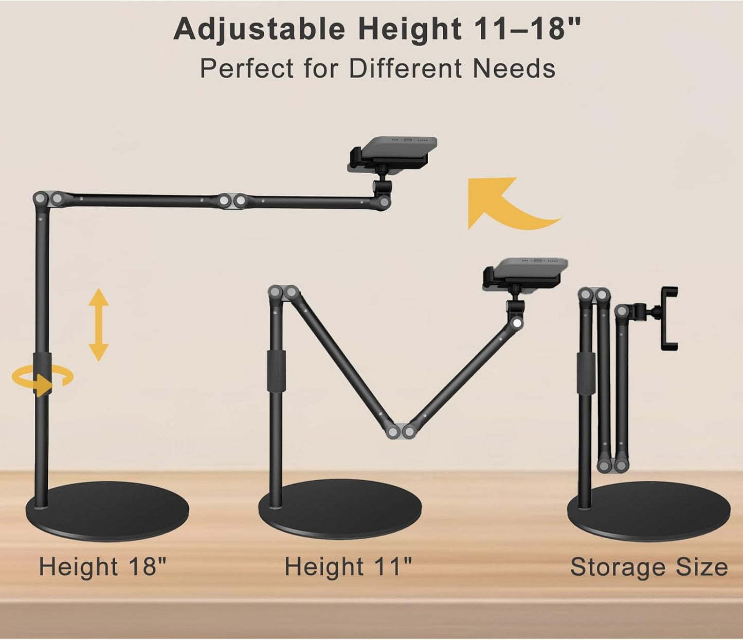 Overhead Phone Mount for Desk, 17" Long Arm Adjustable iPhone Holder, Heavy Duty Rotatable Stand for Video Recording, Live Streaming, Crafting, Cooking