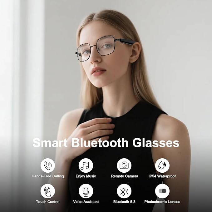 Smart Glasses for Women Men, Intelligent Touch, Anti-Blue Light Bluetooth Glasses with Speakers, Polarized Sunglasses with Photochromic Lenses, Multifunctional Audio Glasses for Indoor & Outdoor