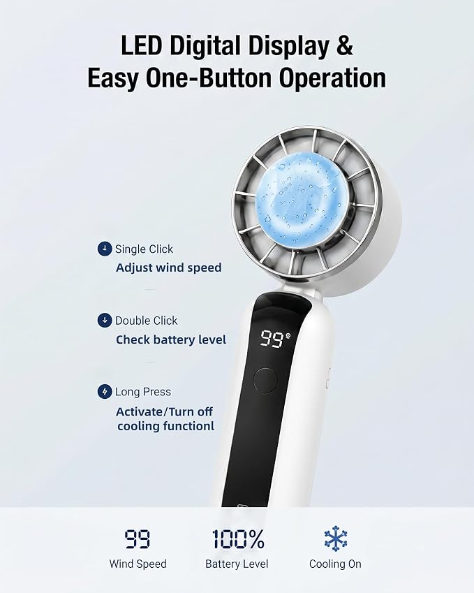 Portable Handheld Fan with Ice Cooling, 3 Speed Dual Turbo Fan, 3000mAh Rechargeable Battery, LED Digital Display, Personal Cooling Fan for Travel Commute Office Outdoor(F23)