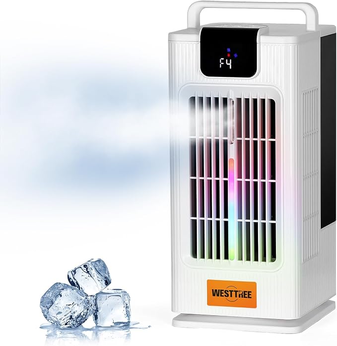 WESTTREE 14inch Portable air conditioners Misting Fan,120°Oscillating mini Air Conditioner,Desk air 3 Level Humidify 4 Speeds, 7 RGB Color Night Lights Desktop Portable Air Conditioners for Bedroom