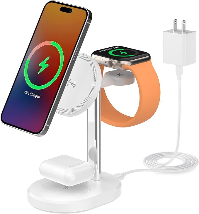 3 in 1 Wireless Charging Station,Detachable Apple Watch Charger & 15W Charger Stand for MagSafe for iPhone, Wireless Charger for Multiple Devices iPhone 16/15/14/13&Watch&AirPods（White）