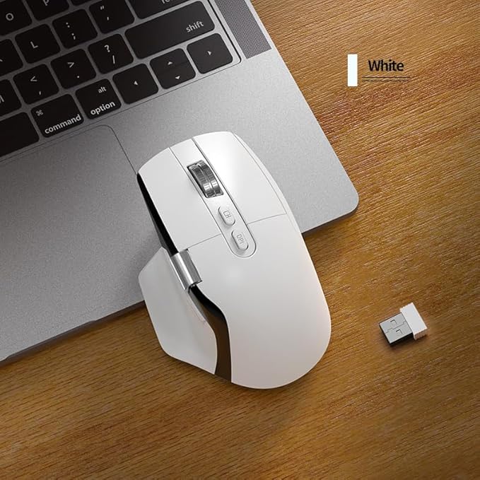 Ergonomic Wireless Mouse with Infinite Scroll & Side Scroll Wheel, Bluetooth & 2.4G Rechargeable Office Mouse, 5-Device Multi-Connection, OLED Display, PixArt 3220 Sensor for Laptop PC Mac (White)