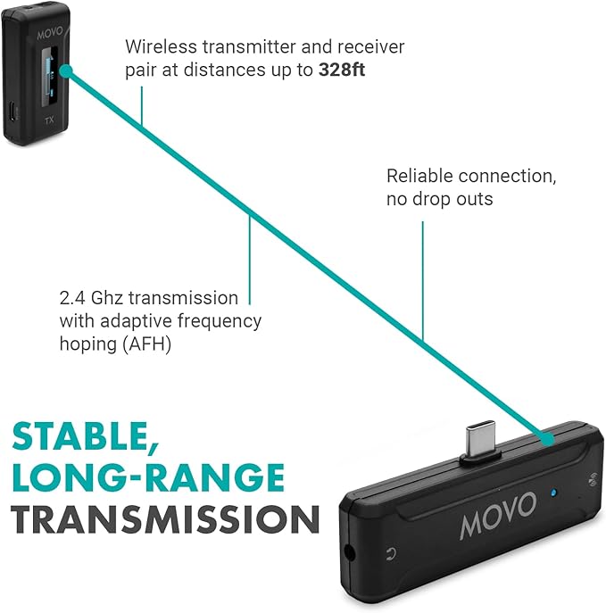 Movo WMX-2-C Wireless Microphone for iPhone 15/16 with Charging Case - 7HR Battery Wireless Lavalier Microphone for iPhone 15/16-328' Range USB C Lapel Mic