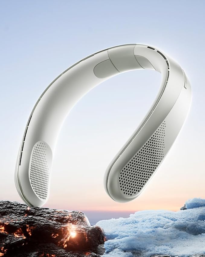 RANVOO Neck Fan, 120° Stable Adjustable Width, 360° Cooling Bladeless, Ultralight 0.7 lb, 3 Speeds, 4000mAh Battery Powered Fan, Instant Relief from Hot Flashes, Portable Outdoor Fan for Travel, White