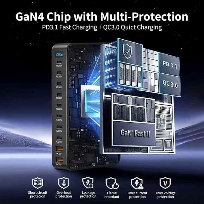 Famous Tech Shop 1000W GaN 10-Port USB-C Charging Station with 240W Cable, Fast Desktop Charger for Laptops, Tablets, Phones, Gaming Consoles