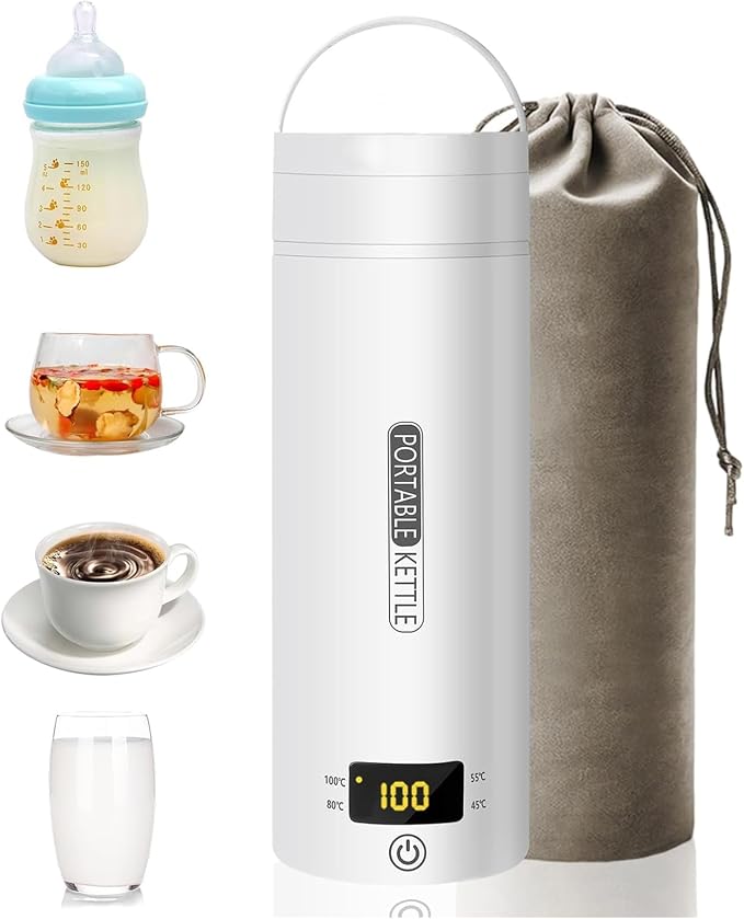 Electric Travel Kettle, Portable Tea Maker - 450ML Stainless Steel (White) with 4 Variable Presets