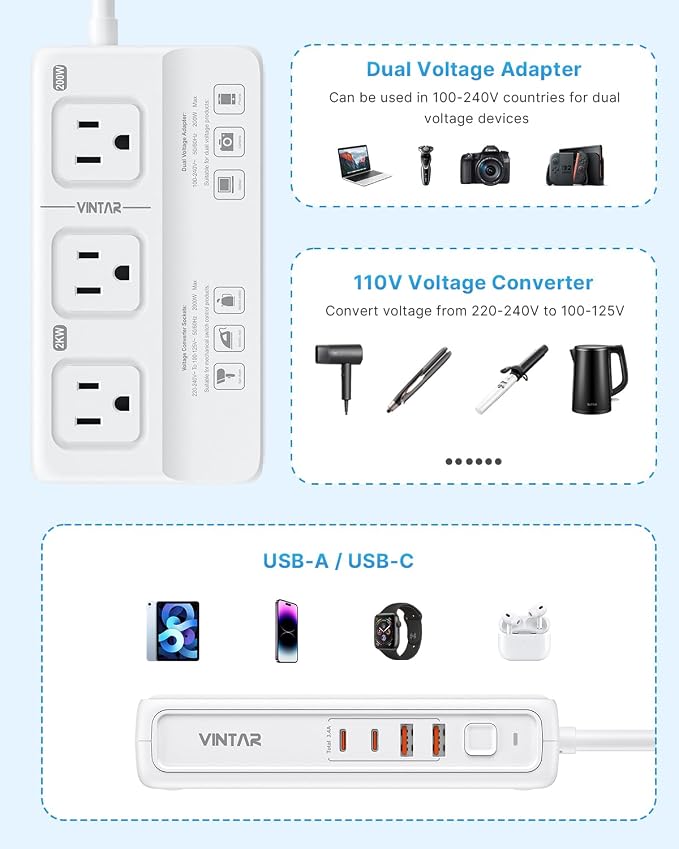 220V to 110V Voltage Converter, VINTAR 2000W Universal Travel Adapter Voltage Converter US to Europe, International Step Down Transformer Power Converters Adapter Combo for EU UK JP AU in SA