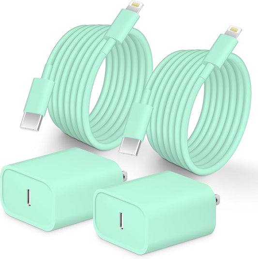 10FT Type C Charger 2 Pack 20W USB C Charger Block with Fast Charging Cable for Phone 14/14 Pro/13/13Pro Max/12/12 Pro Max/11/XS/XR/X/8Plus(Green)