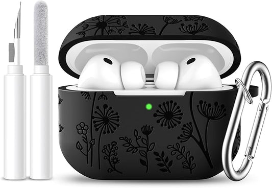 Lerobo for AirPods Pro 3 Case Cover with Cleaner Kit,Flower Engraved Silicone 360°Protection Cover Compatible with Apple AirPods Pro 3rd Generation 2025 Case with Keychain for Women,LED Visible, Black