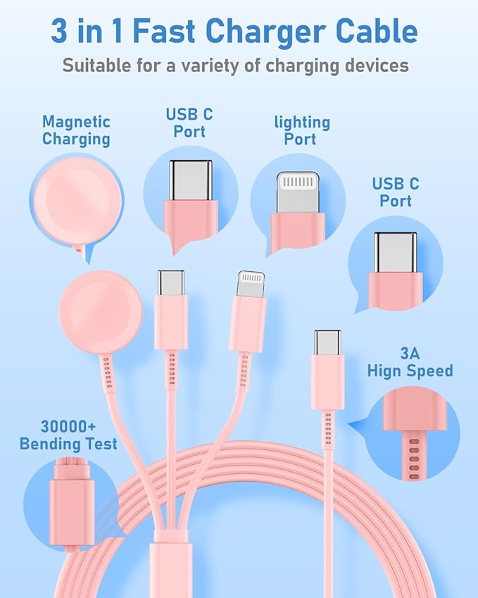 20W USBC for Apple Watch Charger Fast Charging,3in1 Multiple Cable for iWatch USBC Charger Cord 6FT for Apple Watch Series 11/10/9/8/7/Ultra3/Ultra 2/6/5/4/3/2/1/Ultra/iPhone 17/16/15/14/13/12/11-Pink