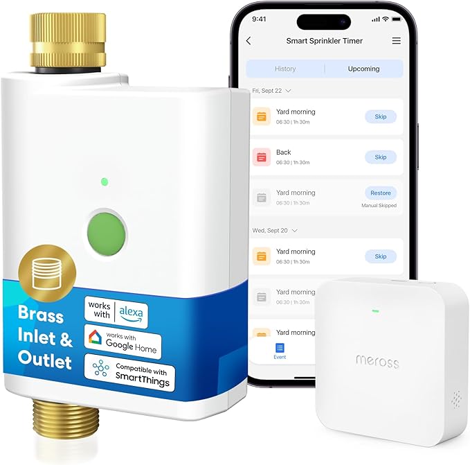 meross WiFi Water Timer for Garden Hose, Smart Hose Timer with Brass Inlet & Outet, WiFi Sprinkler Valve Work with Apple Homekit, Alexa & Google Assistant, Smart Rain Skip for Lawn, Garden & Yard