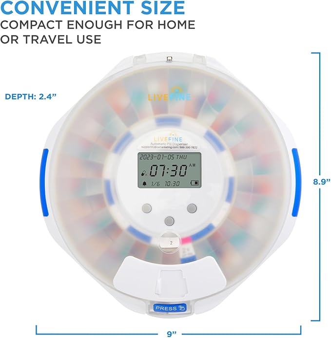 LiveFine Automatic Pill Dispenser with 28-Day Electronic Medication Organizer, 6 Dosage Rings, LCD Display with Sound & Light Alerts, Key & Magnifying Glass for Prescriptions, Vitamins & Supplements