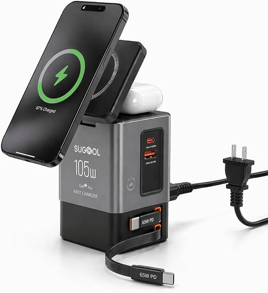 105W Charging Station with Retractable Cables, 6-in-1 GaN Retractable Charger with Wall Plug, MagSafe Compatible Magnetic Pad, USB-C Fast Charging for iPhone, AirPods, MacBook