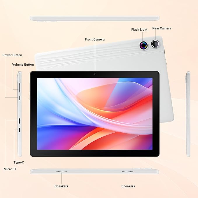 10 Inch Android Tablet, Octa-Core Processor, 24GB RAM 64GB ROM, IPS HD Display, Android 15, Dual Camera, 5000mAh Battery, Widevine L1 Certified, WiFi Bluetooth Tablets ﻿ (White)