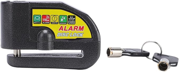 Asixxsix Alarm Disc Brake Lock, Anti Theft Security Wheel Lock with 110dB Alarm & 2 Keys, IP65 Water Proof, 5ft Reminder Cable, for Motorbikes Bikes Scooters