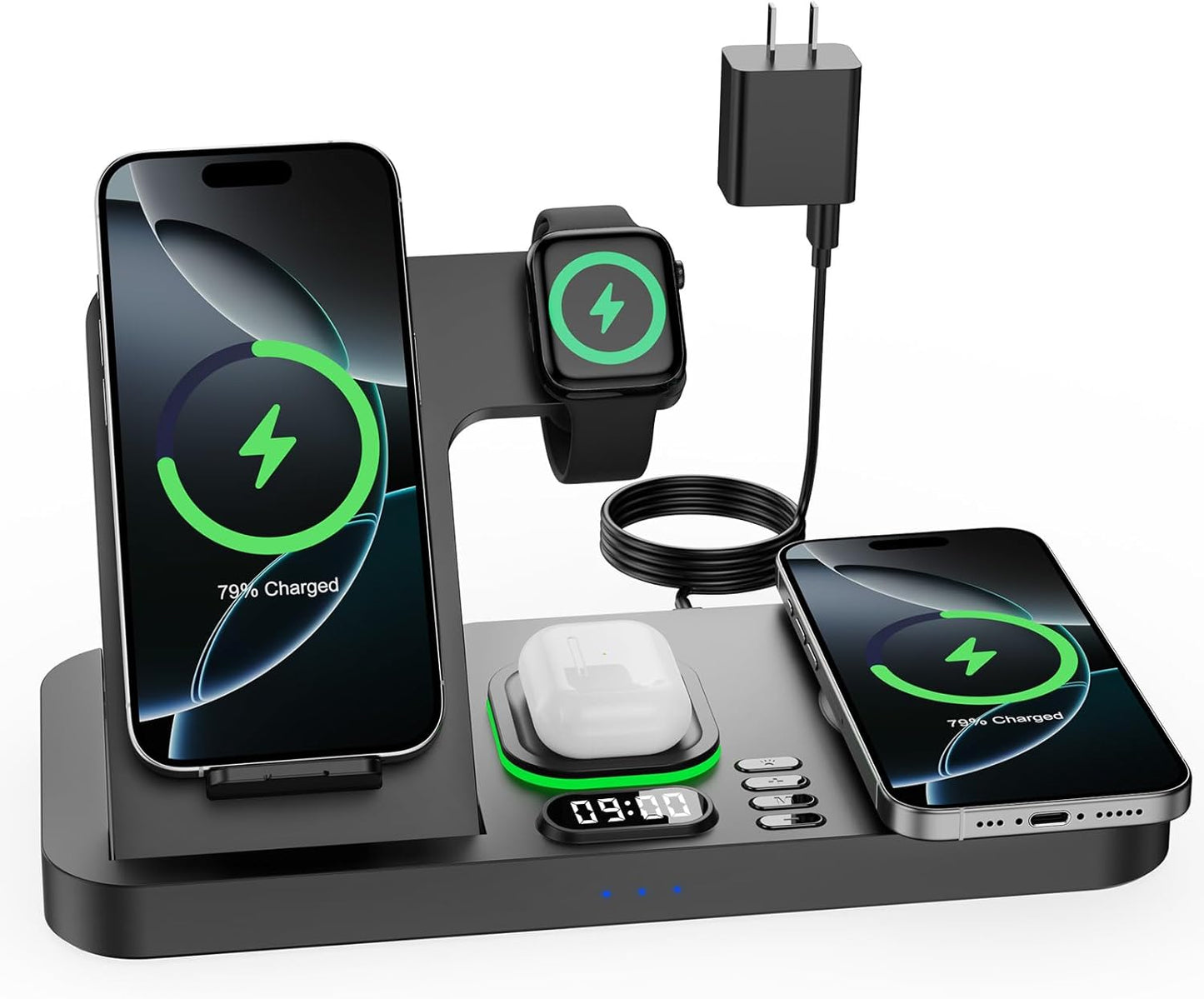 Dual Phone Wireless Charging Station for Apple Devices, Magnetic Charging Station for iPhone with Auto Switch 7-Color Light&Clock, Family Watch Charger for iPhone17 for iWatch10 for AirPods Pro3(Black
