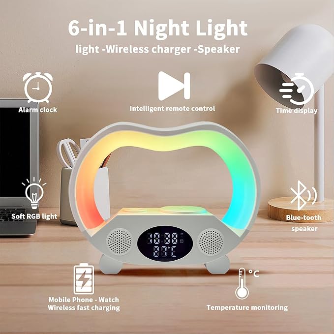 IHAO 6in1 Wireless Charging Station with Bluetooth Speaker Time&Temperature Display Alarm Clock 7-Color LED Night Lights Fast Charger for Phone, Apple Watch, Earbuds Remote Control Auto Shutoff-White