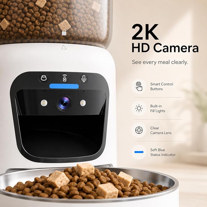 Automatic Cat Feeder with 2K Camera, Smart Pet Feeder with App Control for Cats & Small Dogs, 6L WiFi Automatic Dog Feeder with Night Vision, 2-Way Audio & Motion Alerts