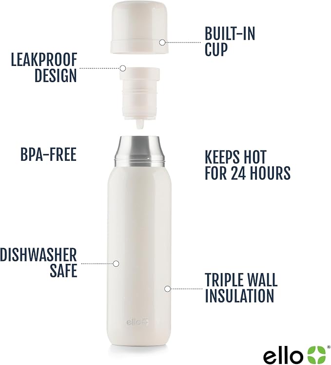 Ello Therma 32oz Insulated Stainless Steel Thermos for Hot & Cold Beverages with Leak Proof Lid & Built-in Cup, Triple Wall Insulation, Hot 24 Hrs, Perfect for Coffee,Tea, Dishwasher Safe, Cream