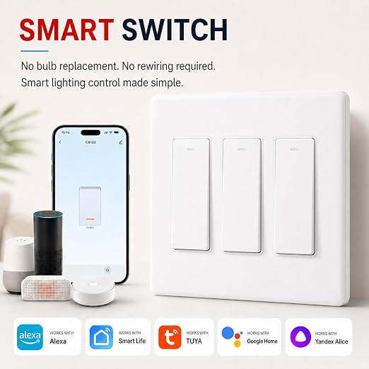 Smart Switch 3 Gang, Neutral Wire Required, 2.4GHz Wi-Fi Light Switch Compatible with Alexa and Google Home, UL Certified