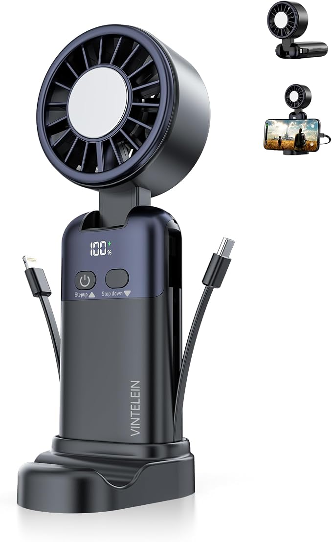 Portable Handheld Personal Fan with USB-C & iOS Cables 5V/2.4A Fast Charging for Cellphone/Tablet, 20H Cooling Time, Foldable Design with Phone Stand for Camping Travel Outdoor (1, Black)
