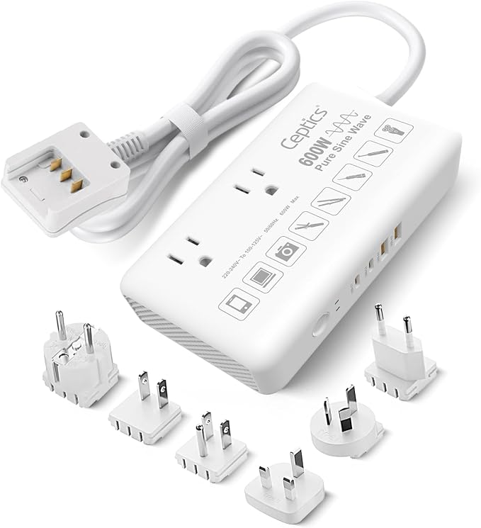 Ceptics 600W Pure Sine Wave 220v to 110v Converter, Step Down Voltage Converter us to Europe, 6 Plug attachments and 4 USB Ports (35W max), Perfect for Hair dryers, Straighteners and Curling Irons