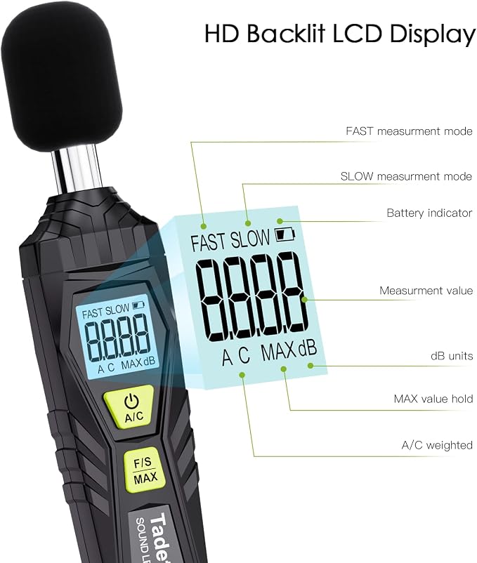 Decibel Meter, Tadeto Digital Sound Level Meter Portable SPL Meter 30dB to 130dB MAX Data Hold with LCD Display Backlight A/C Weighted for Home Factories