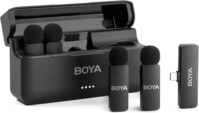 BOYA BY-V4U Wireless Lavalier Microphone for iPhone 17/16/15 Series Type C Smartphone with Charging Case, 4-Channel Mono Output, Omnidirectional Noise Cancelling Lapel Mic for Video Recording Podcast
