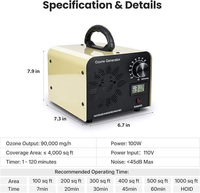 Ozone Generator 90,000mg/h with Temp/Humidity Display, High Capacity Output Portable Ozone Machine Odor Removal, Ozone Air Purifier for Rooms, Smoke, Cars and Pets, Ozone Machine up to 4000sq.ft
