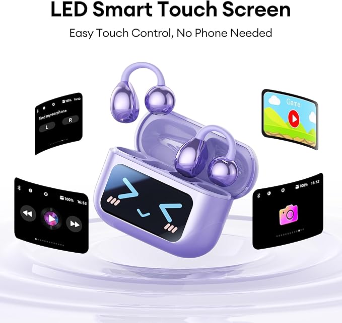 PAXA Stylish Open Ear Clip On Earbuds with Removable Butterfly Earring, Clip On Headphones with LCD Touch Screen, Fashionables Open Ear Headphones for Women, Butterfly Earring Purple Earbuds